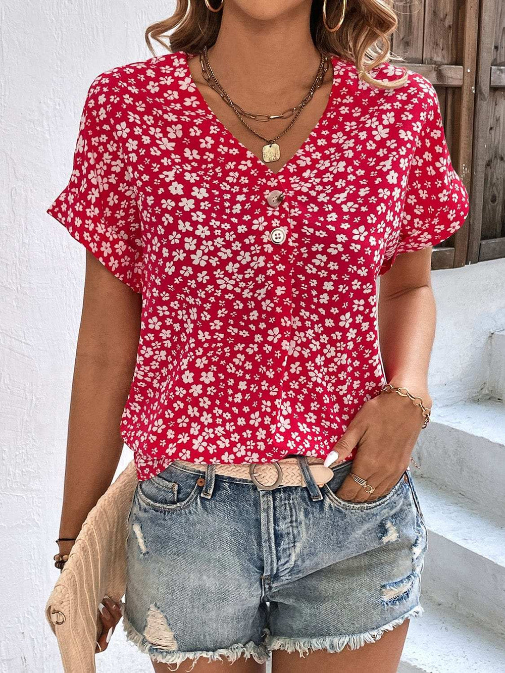Printed V-Neck Short Sleeve Blouse - Trendsi - Flyclothing LLC