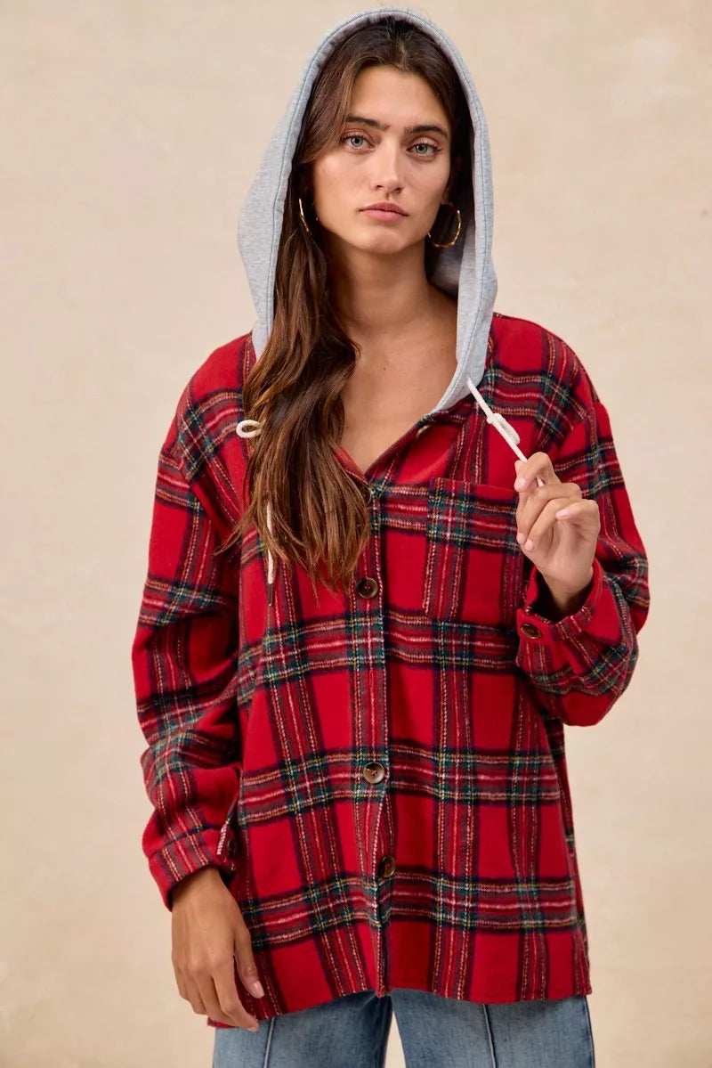 BiBi Brushed Plaid Hooded Jacket - Trendsi - Flyclothing LLC