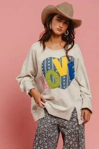 BiBi LOVE Heart Patch Slit French Terry Sweatshirt - Trendsi - Flyclothing LLC