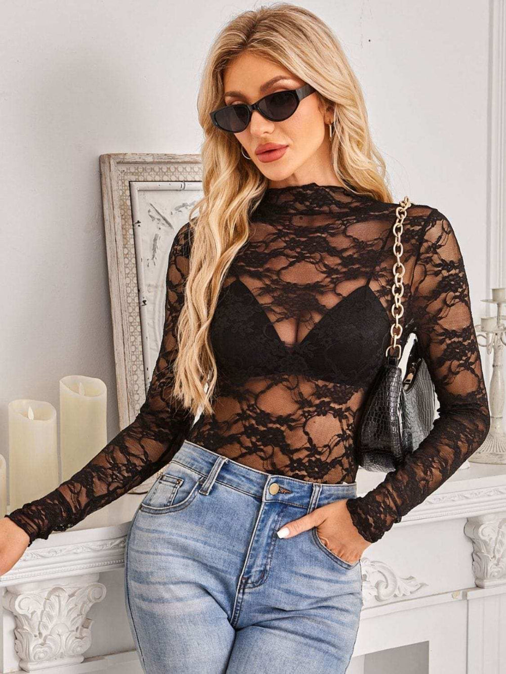 Mock Neck Long Sleeve Lace Sheer Top - Trendsi - Flyclothing LLC