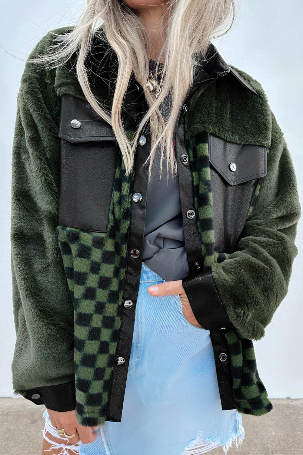 Pocketed Checkered Collared Neck Snap Down Jacket - Trendsi - Flyclothing LLC