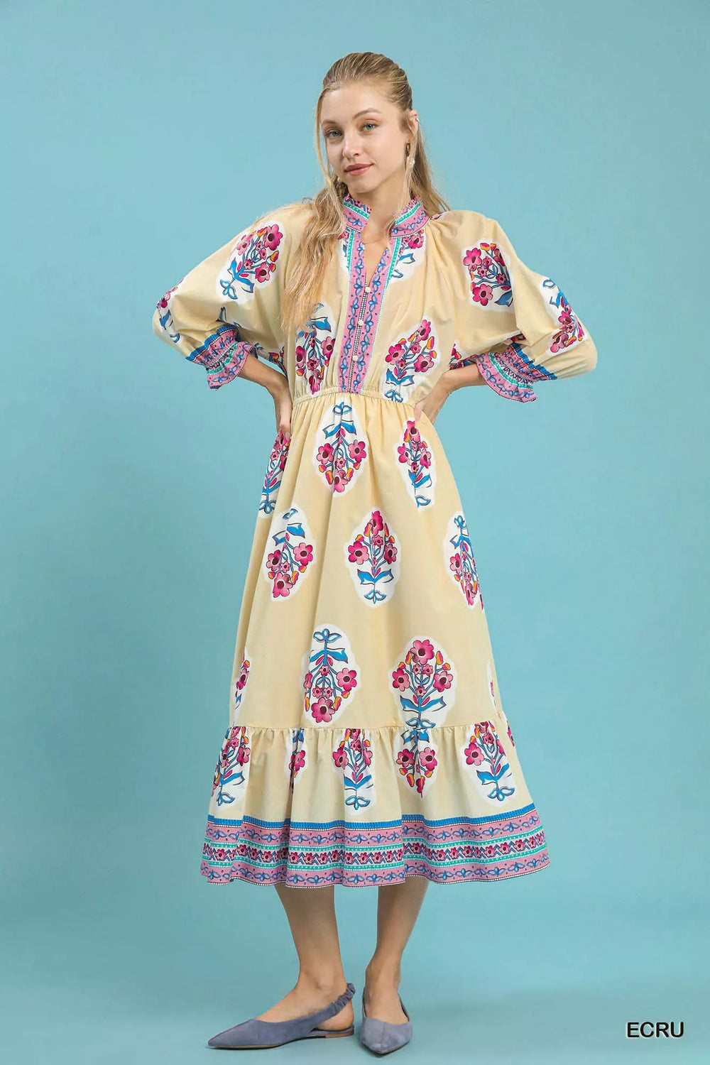 Umgee Flower Patch Border Print Midi Dress - Trendsi - Flyclothing LLC