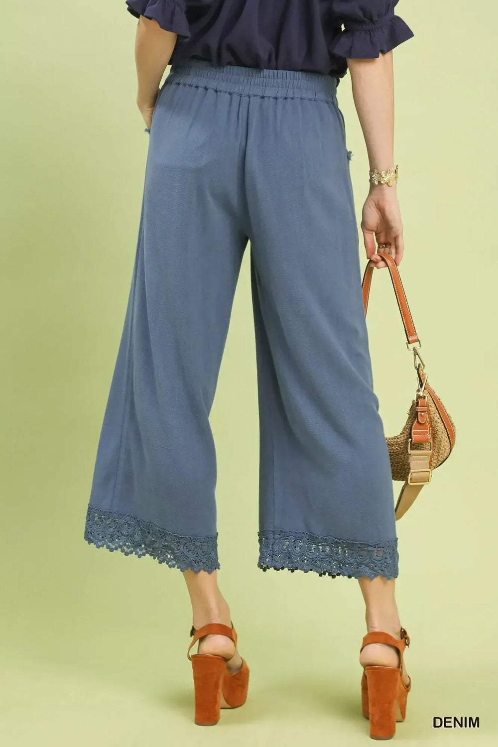 Umgee Linen Wide Leg Cropped Pants with Lace Trim - Trendsi - Flyclothing LLC
