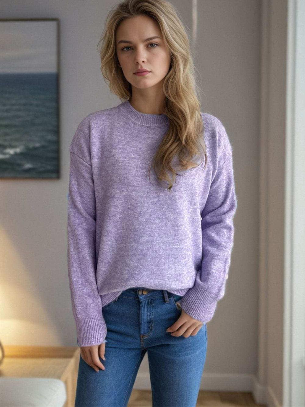 Round Neck Drop Shoulder Long Sleeve Sweater - Trendsi - Flyclothing LLC