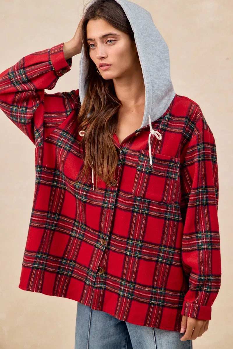BiBi Brushed Plaid Hooded Jacket - Trendsi - Flyclothing LLC