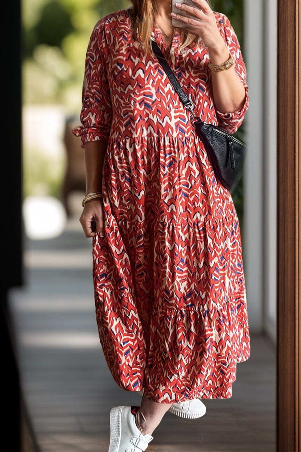 Plus Size Printed Notched Long Sleeve Dress - Trendsi - Flyclothing LLC