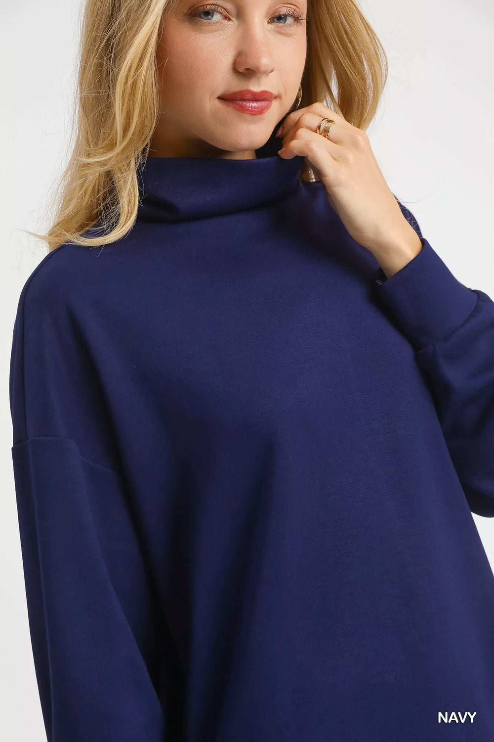 Umgee Turtle Neck Dolman Sleeve Side Slit Sweater with Contrast Detail - Trendsi - Flyclothing LLC