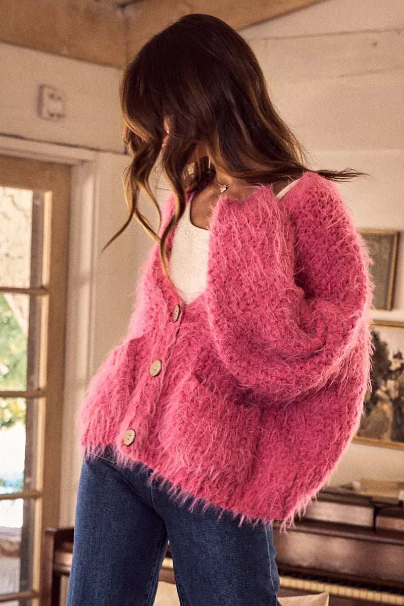 SO ME Soft Touch Hairy Loose Fit Cozy Sweater Cardigan - Trendsi - Flyclothing LLC