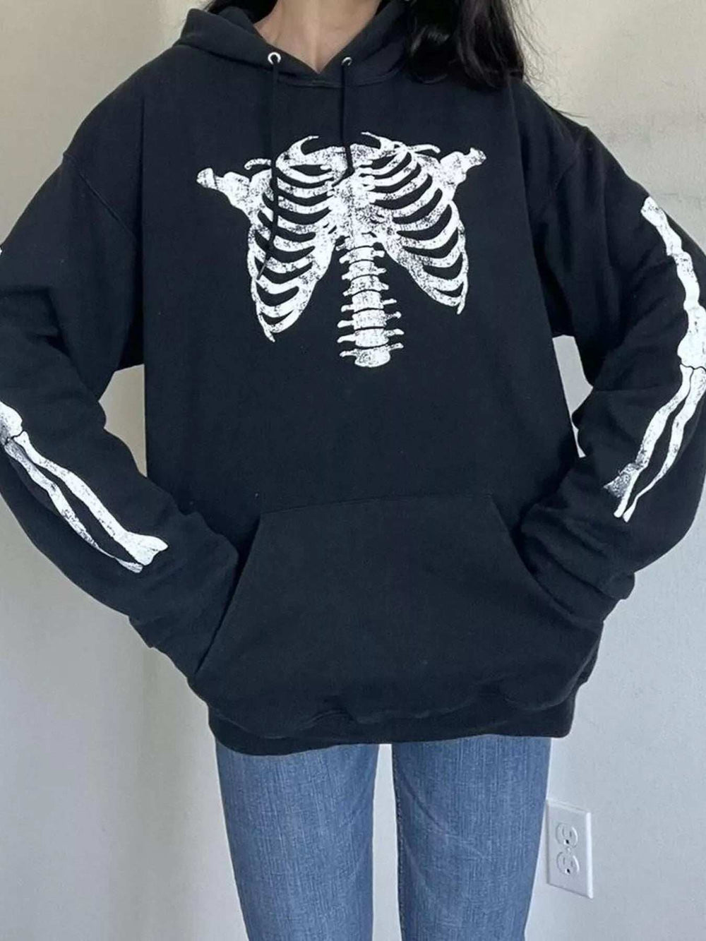 Drawstring Skeleton Long Sleeve Hoodie - Trendsi - Flyclothing LLC