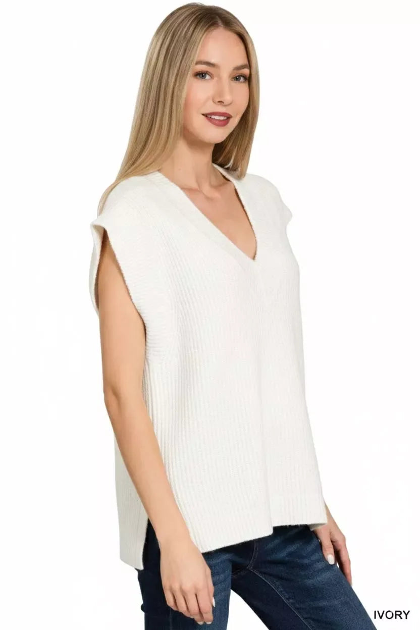 Zenana Ribbed Slit V-Neck Sweater Vest - Trendsi - Flyclothing LLC