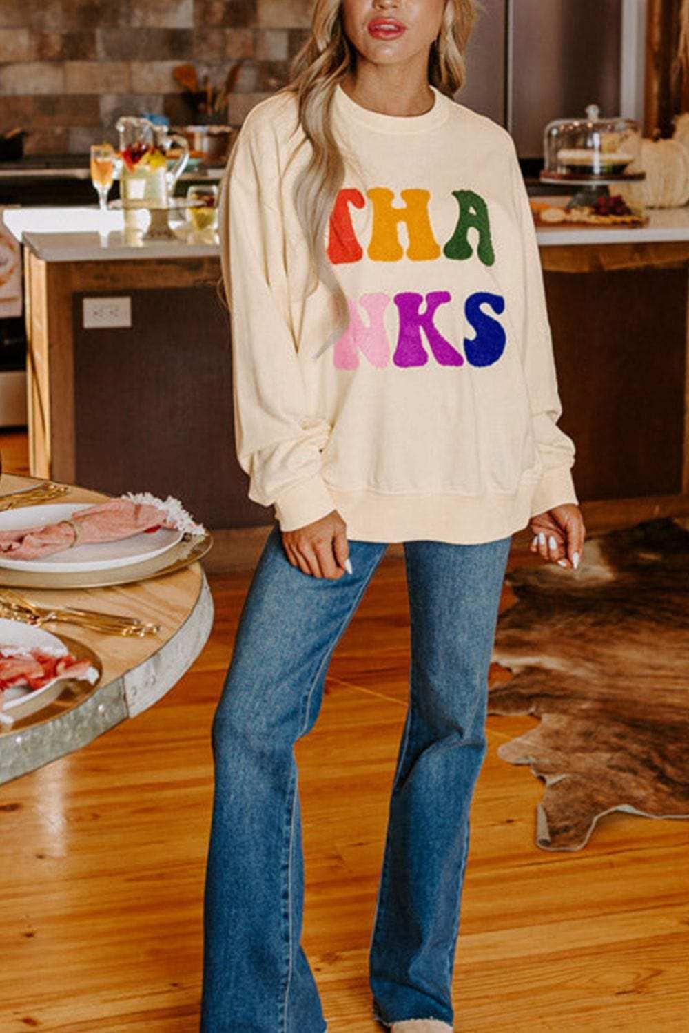 THANKS Round Neck Long Sleeve Sweatshirt - Trendsi - Flyclothing LLC