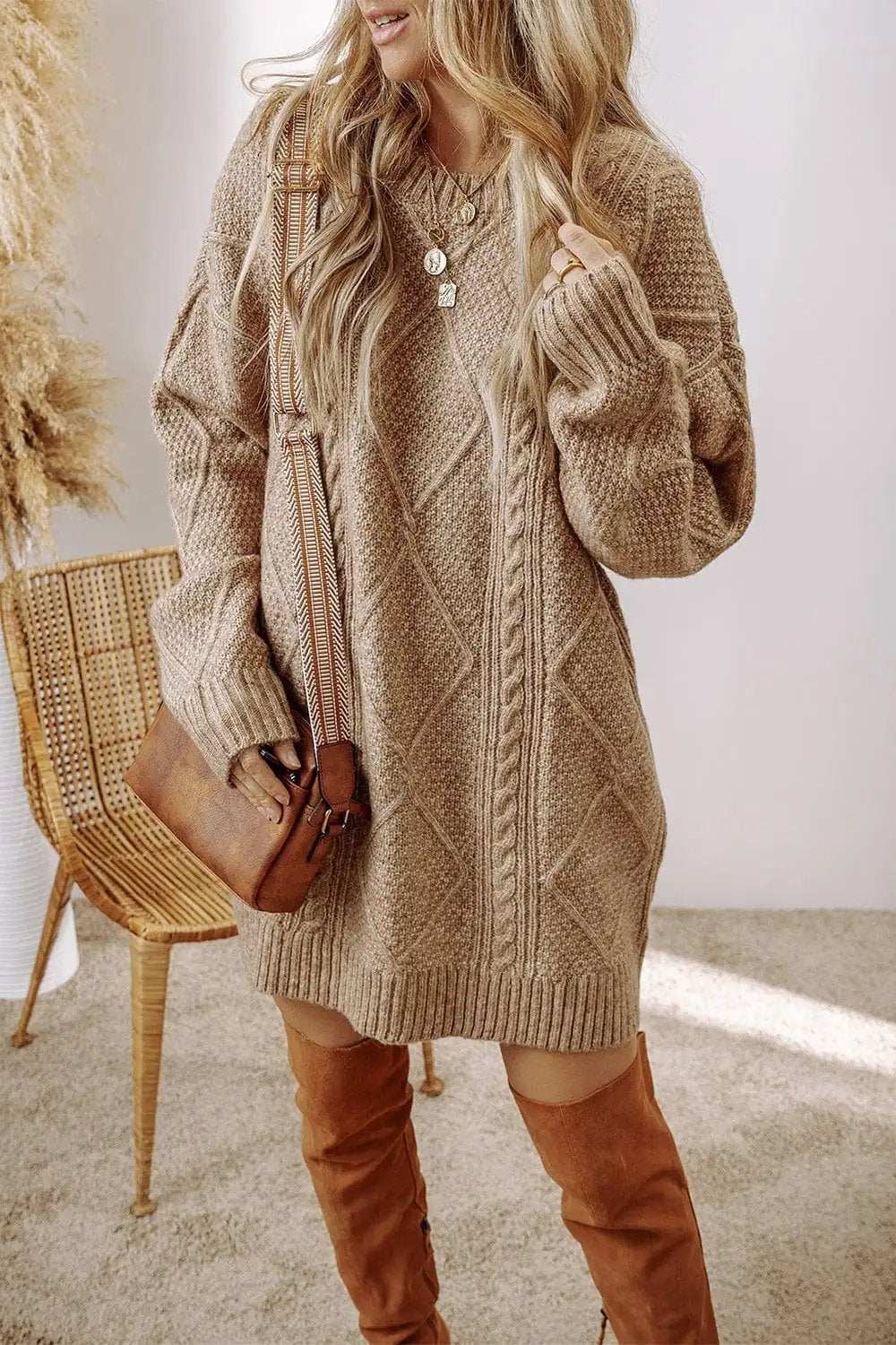 Cable-Knit Round Neck Sweater Dress - Trendsi - Flyclothing LLC