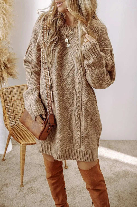 Cable-Knit Round Neck Sweater Dress - Trendsi - Flyclothing LLC