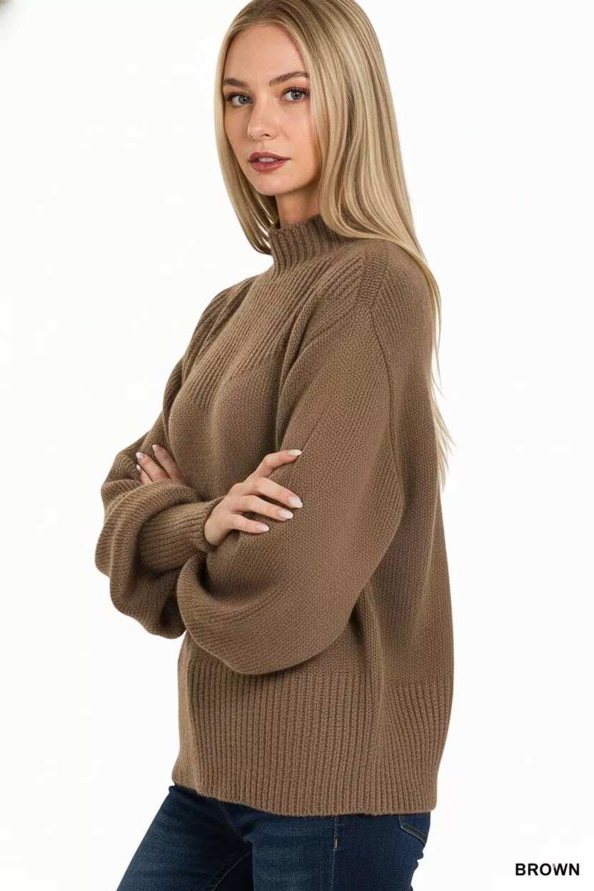 Zenana Balloon Sleeve Mock Neck Sweater - Trendsi - Flyclothing LLC