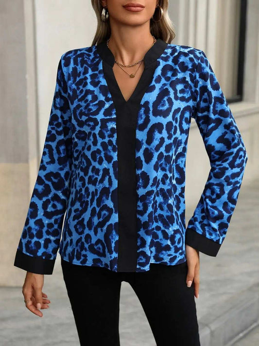 Leopard Notched Long Sleeve Blouse - Trendsi - Flyclothing LLC