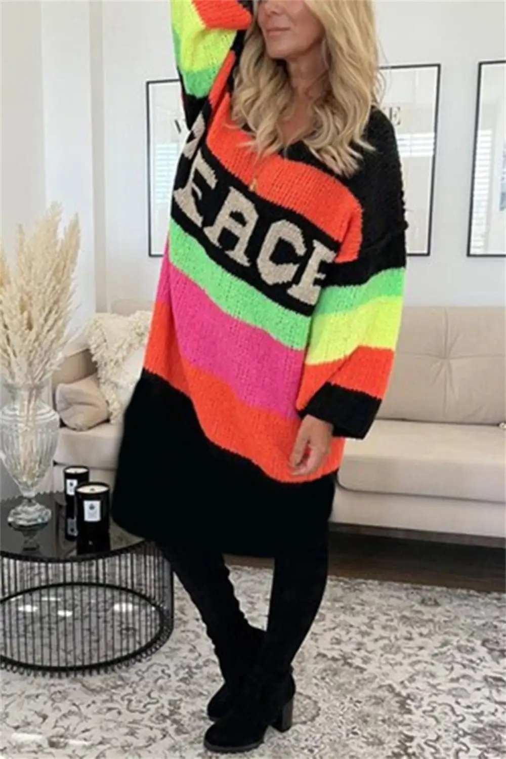 Color Block V-Neck Long Sleeve Sweater Dress - Trendsi - Flyclothing LLC