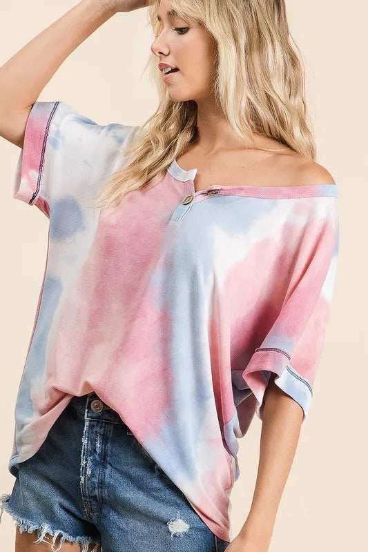 BiBi Tie Dye French Terry Top With Buttoned Placket - Trendsi - Flyclothing LLC