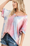 BiBi Tie Dye French Terry Top With Buttoned Placket - Trendsi - Flyclothing LLC