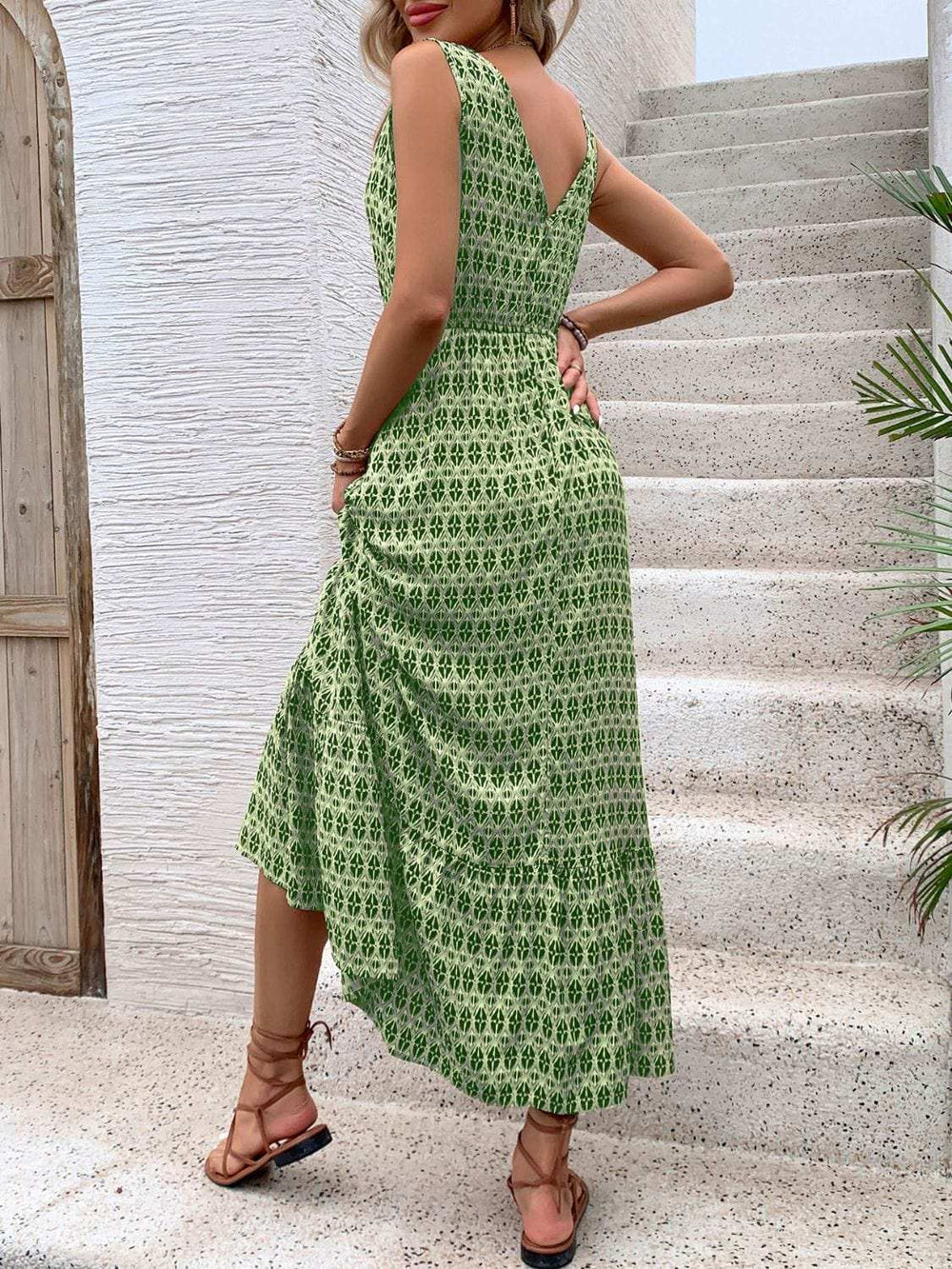 Printed V-Neck Tie Waist Midi Dress - Trendsi - Flyclothing LLC