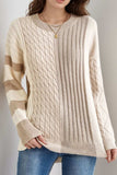 Cable-Knit Color Block Round Neck Sweater - Trendsi - Flyclothing LLC