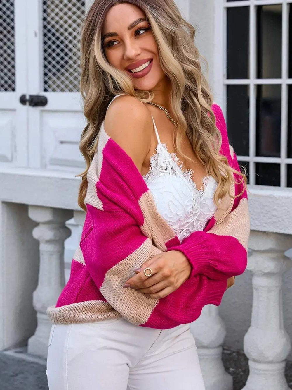 Striped Open Front Dropped Shoulder Cardigan - Trendsi - Flyclothing LLC