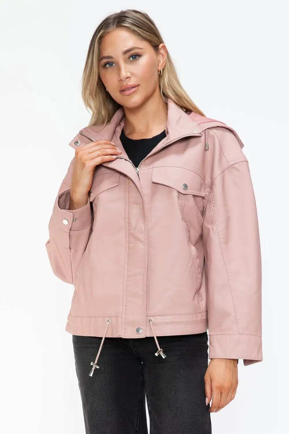 How Dare U Drawstring Hem PU Leather Zip Up Jacket - Trendsi - Flyclothing LLC