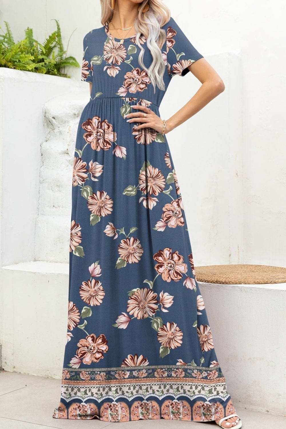 Printed Round Neck Short Sleeve Maxi Dress - Trendsi - Flyclothing LLC