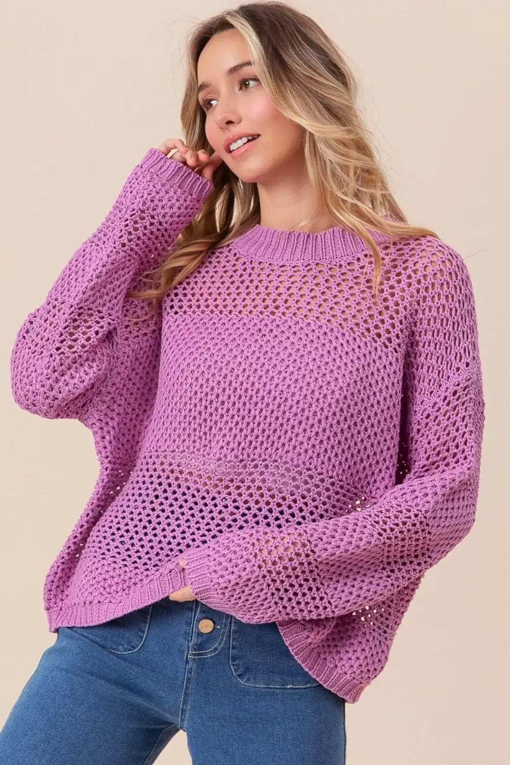 BiBi Openwork Long Sleeve Knit Top - Trendsi - Flyclothing LLC