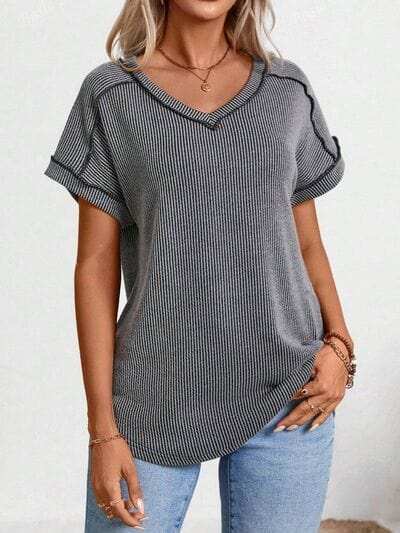 Exposed Seam V-Neck Short Sleeve Top - Trendsi - Flyclothing LLC