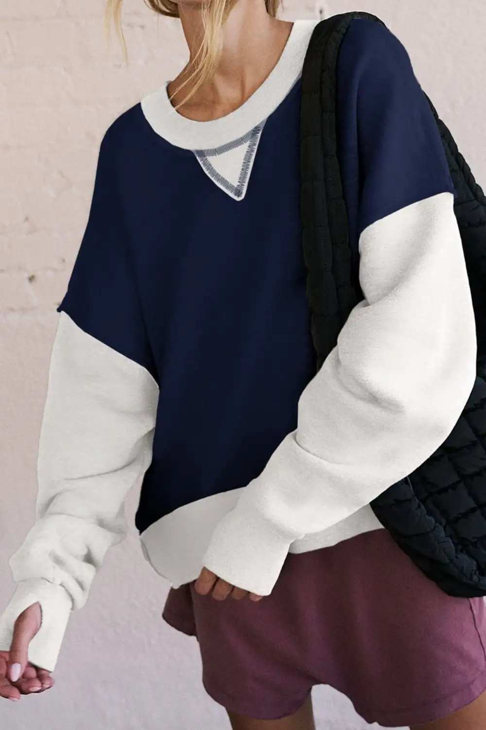 Contrast Round Neck Long Sleeve Sweatshirt - Trendsi - Flyclothing LLC