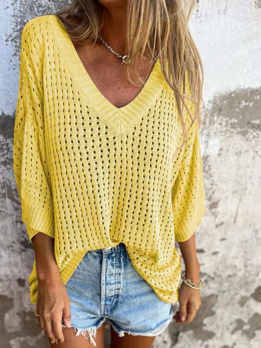 Full Size Openwork V-Neck Knit Cover Up Plus Size - Trendsi - Flyclothing LLC