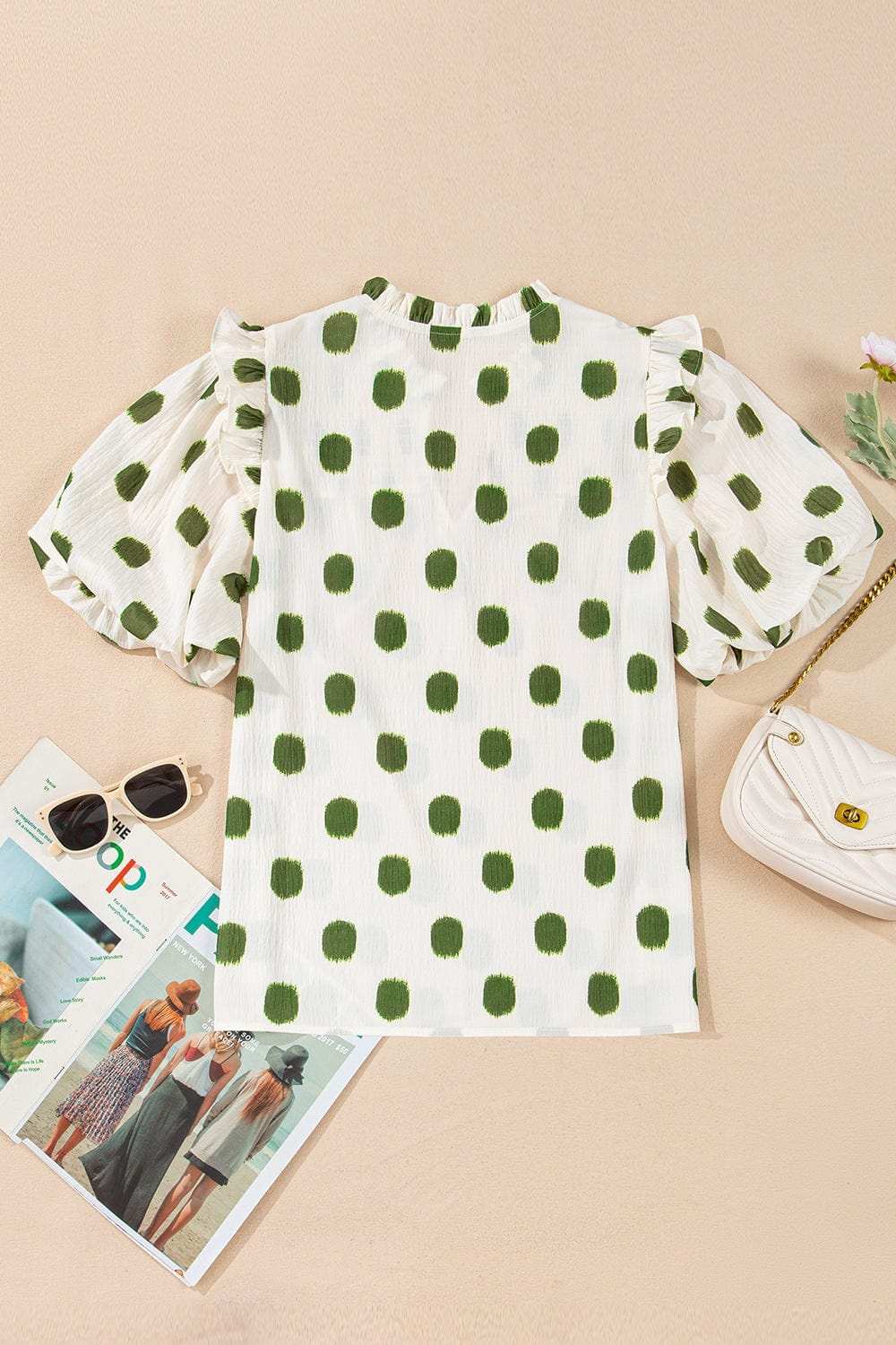 Polka Dot Shirred Yoke Notched Neck Puff Sleeve Blouse - Trendsi - Flyclothing LLC