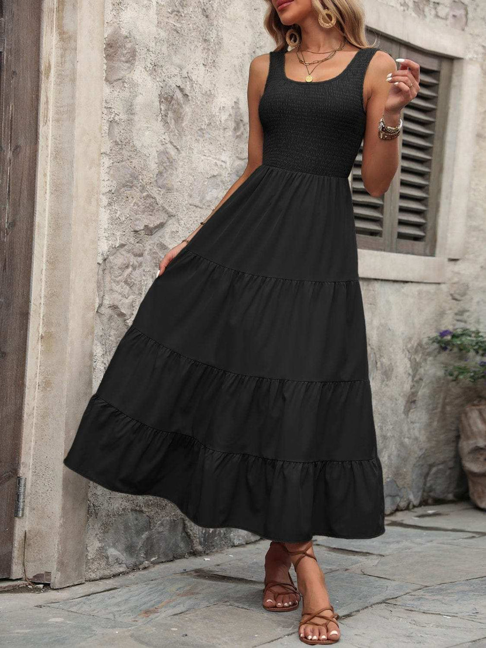 Smocked Scoop Neck Sleeveless Tank Dress - Trendsi - Flyclothing LLC