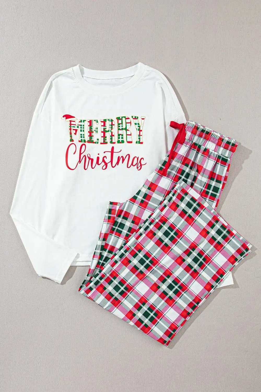 MERRY CHRISTMAS Round Neck Top and Plaid Pants Set - Trendsi - Flyclothing LLC