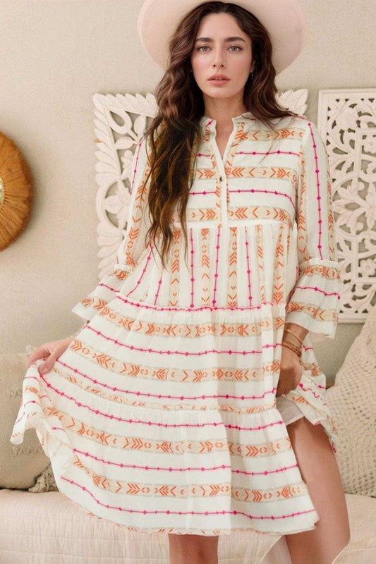 Printed Ruffled Notched Loose Dress - Trendsi - Flyclothing LLC