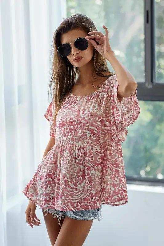 BiBi Leopard Print Gauze Woven Flutter Sleeve Blouse - Trendsi - Flyclothing LLC