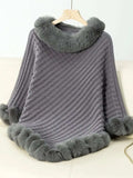 Fuzzy Trim Texture Three-Quarter Sleeve Poncho - Trendsi - Flyclothing LLC