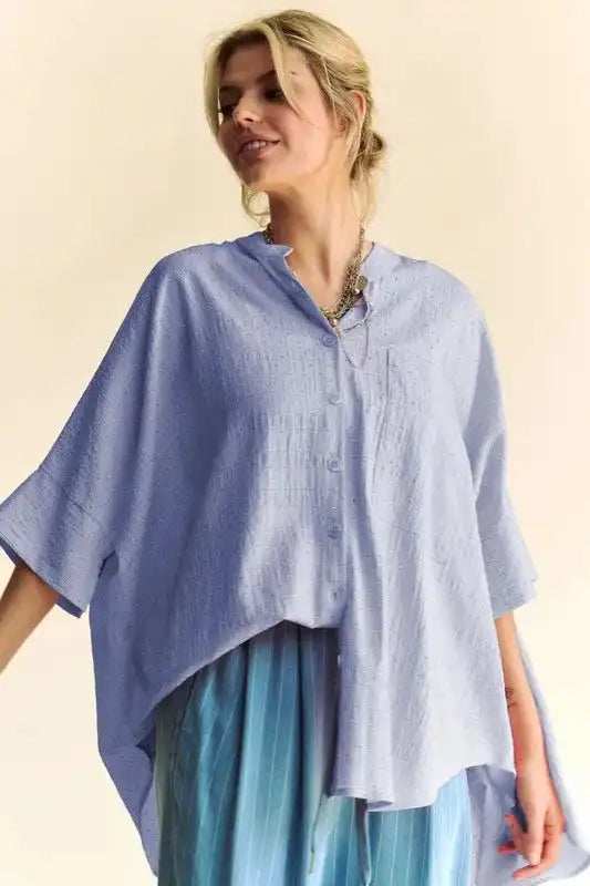 Davi & Dani Rhinestone Pleat Back Short Sleeve Loose Fit Shirt - Trendsi - Flyclothing LLC