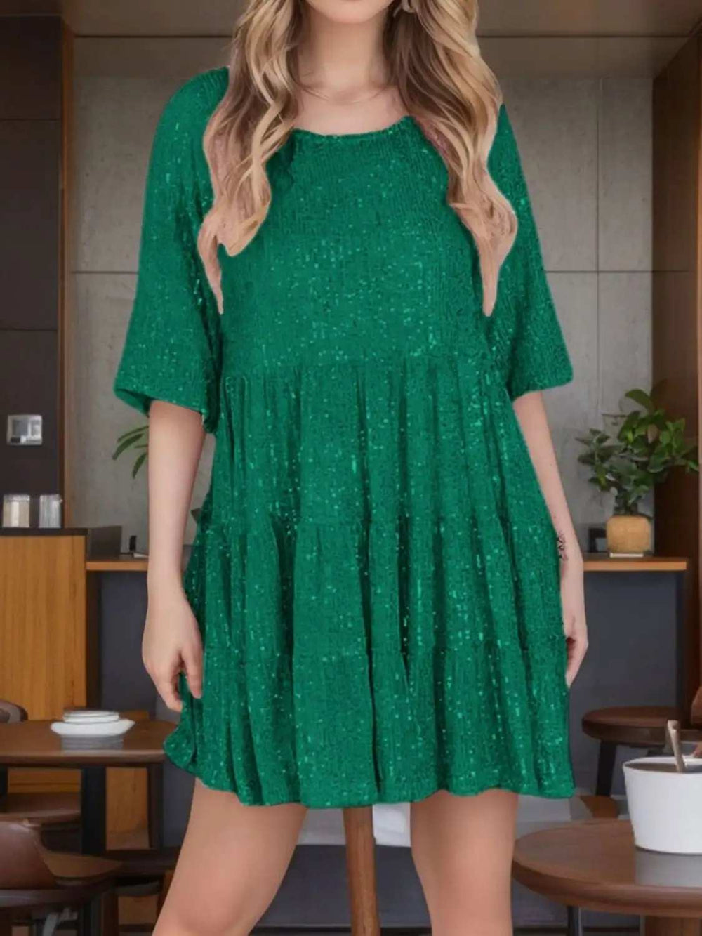 Sequin Round Neck Half Sleeve Mini Dress - Trendsi - Flyclothing LLC