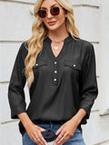 Notched Three-Quarter Sleeve Denim Top - Trendsi - Flyclothing LLC