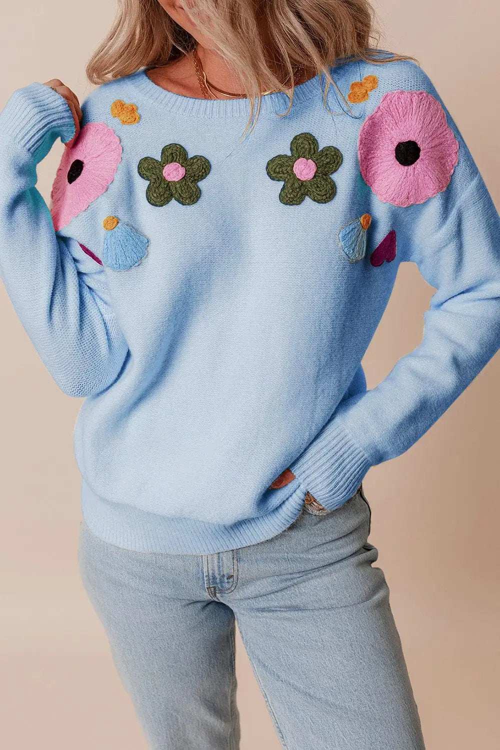 Crochet Flower Round Neck Dropped Shoulder Sweater - Trendsi - Flyclothing LLC