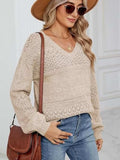 Eyelet V-Neck Long Sleeve Sweater - Trendsi - Flyclothing LLC