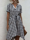 Plaid Notched Short Sleeve Dress - Trendsi - Flyclothing LLC