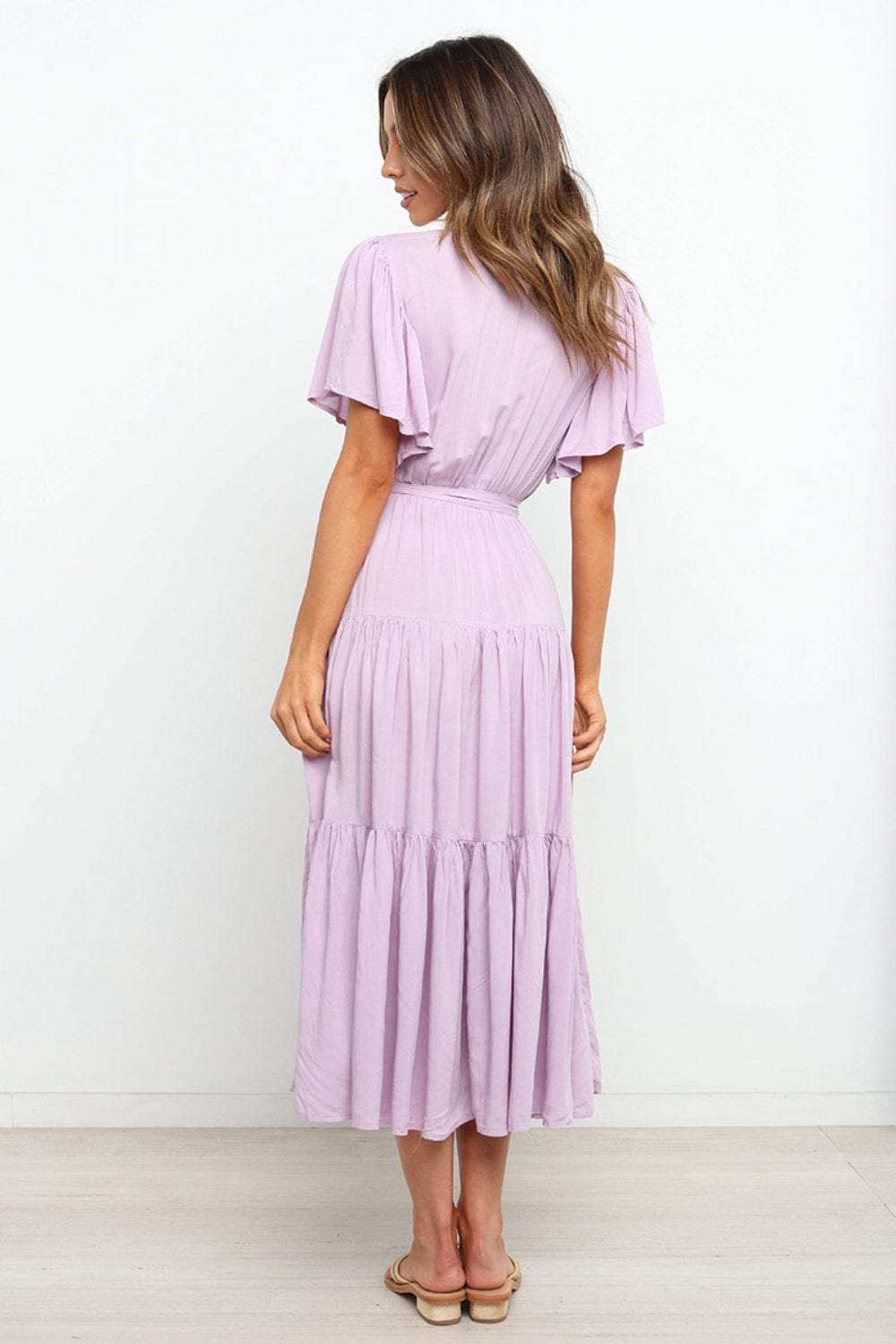 Tied Back Tiered Short Sleeve Midi Dress - Trendsi - Flyclothing LLC