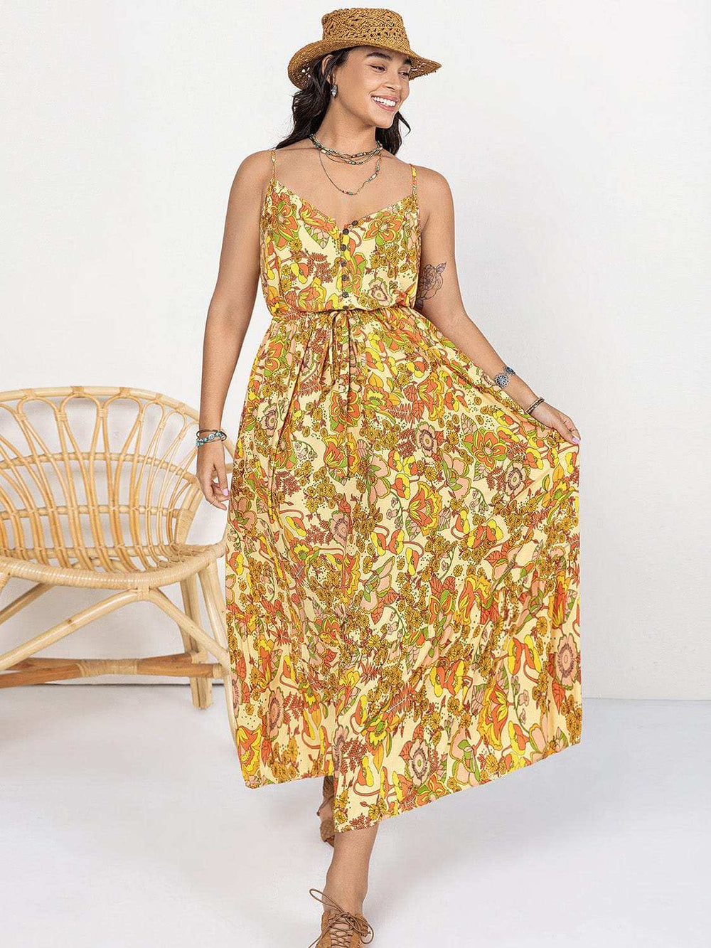 Plus Size Printed V-Neck Maxi Cami Dress - Trendsi - Flyclothing LLC
