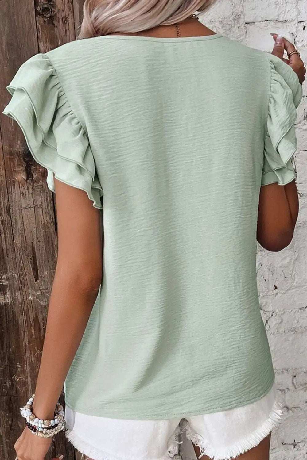V-Neck Ruffled Cap Sleeve Blouse - Trendsi - Flyclothing LLC