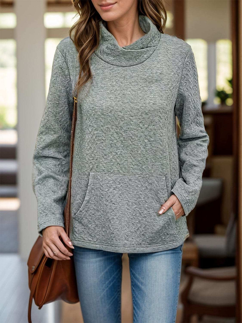 Pocketed Turtleneck Long Sleeve Sweatshirt - Trendsi - Flyclothing LLC