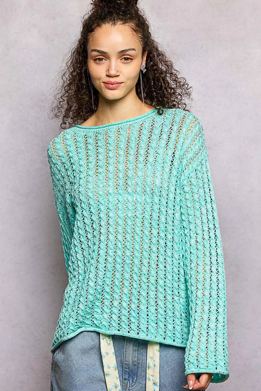 POL Openwork Round Neck Knit Top with Shiny Detail - Trendsi - Flyclothing LLC
