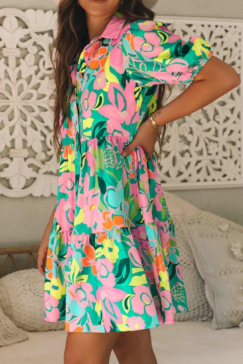 Button Down Floral Puff Sleeve Babydoll Dress - Trendsi - Flyclothing LLC