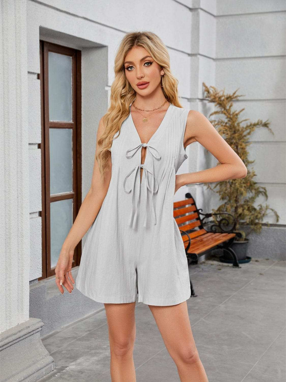 Tie Front Sleeveless Romper with Pockets - Trendsi - Flyclothing LLC